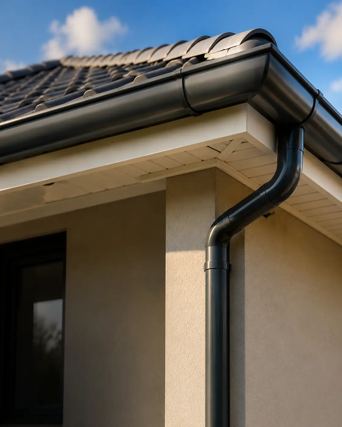 Dark gutter and downpipe installed on a tiled residential roof