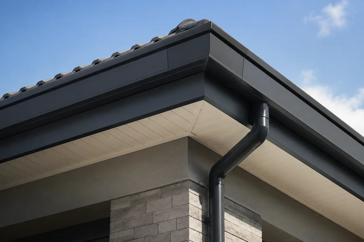 Neatly finished fascia, bargeboard and gutter at a roof corner
